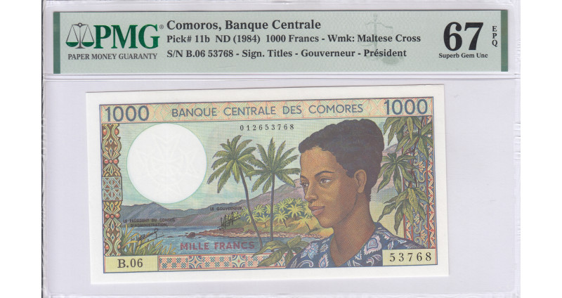 Comoros 1000 Francs1984 P11b PMG67 EPQ Comoros 1000 Francs1984 P11b PMG67 EPQ