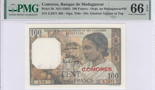 Comoros 100 Francs ND 1963 P3b PMG66 EPQ