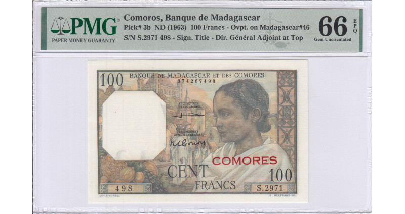Comoros 100 Francs ND 1963 P3b PMG66 EPQ Comoros 100 Francs ND 1963 P3b PMG66 EPQ