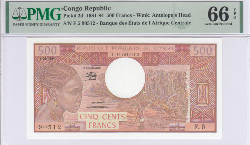 Congo Republic 500 Francs 1.6.1984 P2d PMG66 EPQ