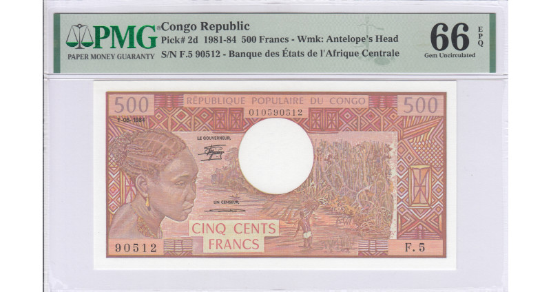 Congo Republic 500 Francs 1.6.1984 P2d PMG66 EPQ