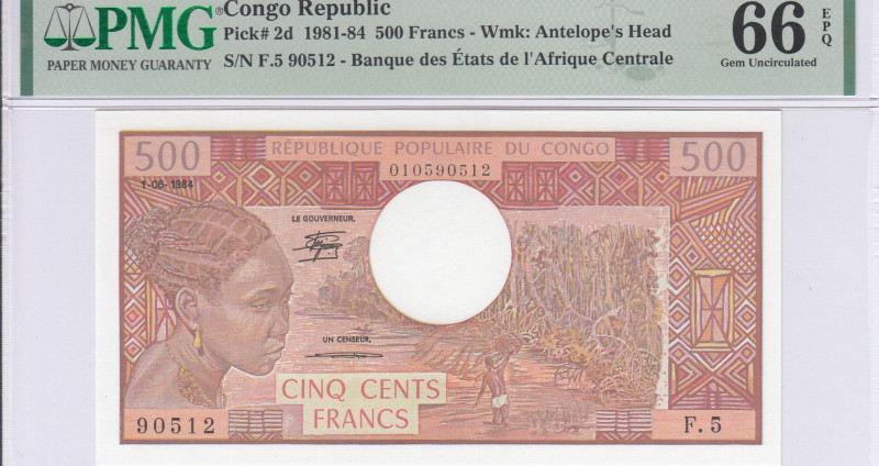 Congo Republic 500 Francs 1.6.1984 P2d PMG66 EPQ Congo Republic 500 Francs 1.6.1984 P2d PMG66 EPQ