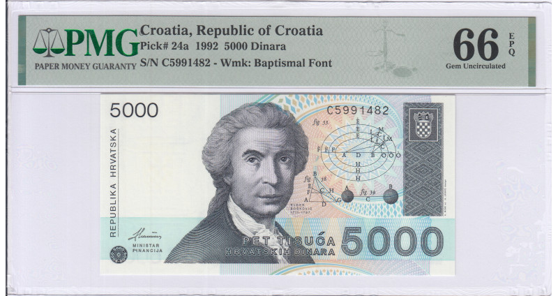 Croatia 5000 Dinara 1992 P24a PMG66 EPQ