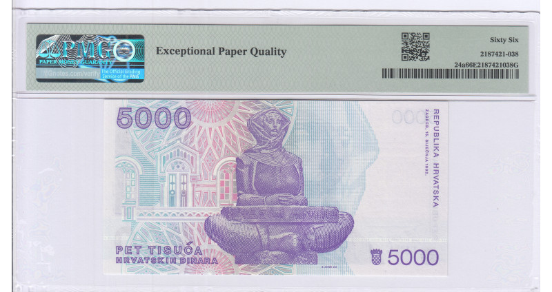Croatia 5000 Dinara 1992 P24a PMG66 EPQ Croatia 5000 Dinara 1992 P24a PMG66 EPQ