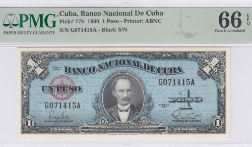 Cuba 1 Peso 1960 P77b PMG66 EPQ
