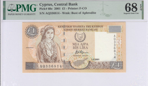 Cyprus 1 Pound 1.2.2001 P60c PMG68 EPQ
