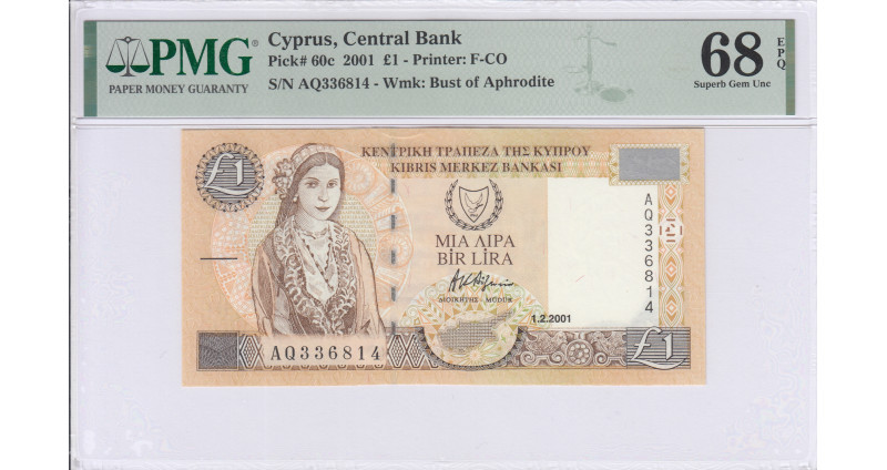 Cyprus 1 Pound 1.2.2001 P60c PMG68 EPQ