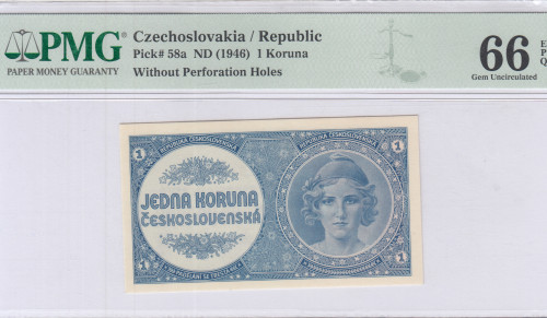 Czechoslovakia 1 Koruna ND 1946 P58a PMG66 EPQ Czechoslovakia 1 Koruna ND 1946 P58a PMG66 EPQ