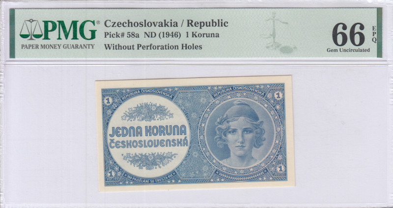 Czechoslovakia 1 Koruna ND 1946 P58a PMG66 EPQ Czechoslovakia 1 Koruna ND 1946 P58a PMG66 EPQ