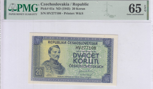 Czechoslovakia 20 Korun ND 1945 P61a PMG65 EPQ Czechoslovakia 20 Korun ND 1945 P61a PMG65 EPQ