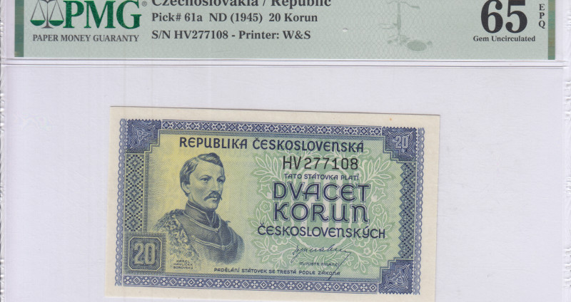 Czechoslovakia 20 Korun ND 1945 P61a PMG65 EPQ Czechoslovakia 20 Korun ND 1945 P61a PMG65 EPQ