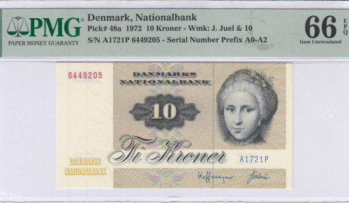 Denmark 10 Kroner 1972 P48a PMG66 EPQ