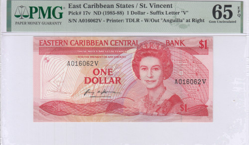 East Caribbean States  1 Dollar 1985-88 P17v PMG65 EPQ East Caribbean States  1 Dollar 1985-88 P17v PMG65 EPQ