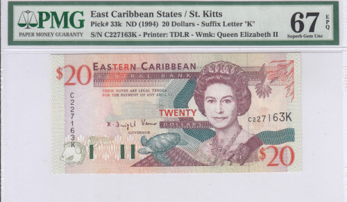 East Caribbean States,"St. Kitts"  20 Dollars 1994 P33k PMG67 EPQ East Caribbean States,"St. Kitts"  20 Dollars 1994 P33k PMG67 EPQ