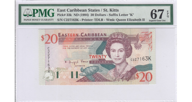 East Caribbean States,St. Kitts  20 Dollars 1994 P33k PMG67 EPQ East Caribbean States,St. Kitts  20 Dollars 1994 P33k PMG67 EPQ