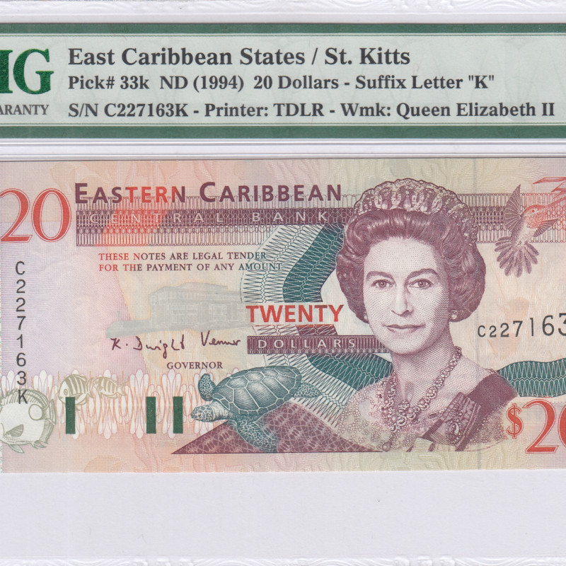 East Caribbean States,"St. Kitts" 20 Dollars 1994 P33k PMG67 EPQ East Caribbean States,"St. Kitts" 20 Dollars 1994 P33k PMG67 EPQ