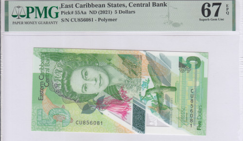 East Caribbean States 5 Dollars 2021 P55Aa PMG67 EPQ East Caribbean States 5 Dollars 2021 P55Aa PMG67 EPQ