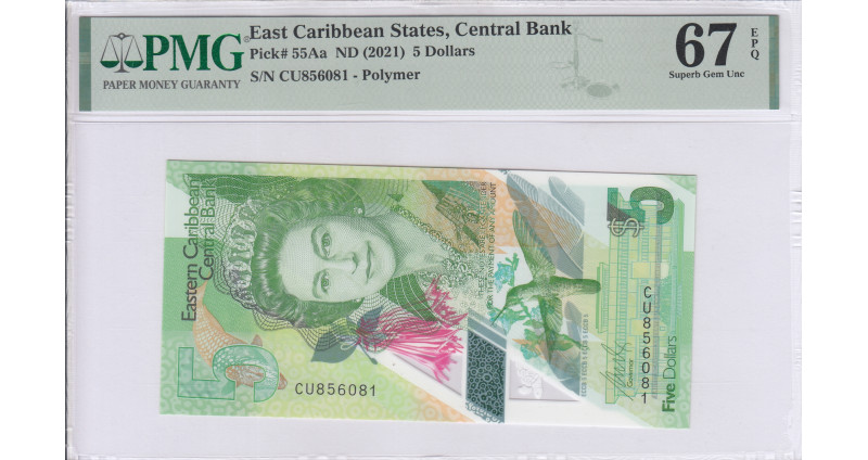 East Caribbean States 5 Dollars 2021 P55Aa PMG67 EPQ East Caribbean States 5 Dollars 2021 P55Aa PMG67 EPQ
