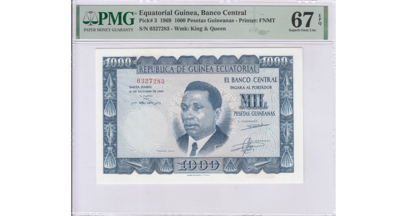 Equatorial Guinea 1000 Pesetas Guineanas 12.10.1969 P3 PMG67 EPQ Equatorial Guinea 1000 Pesetas Guineanas 12.10.1969 P3 PMG67 EPQ