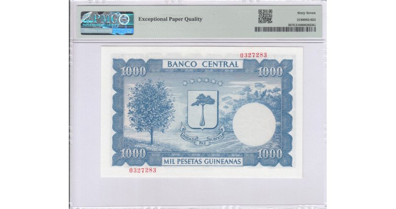 Equatorial Guinea 1000 Pesetas Guineanas 12.10.1969 P3 PMG67 EPQ Equatorial Guinea 1000 Pesetas Guineanas 12.10.1969 P3 PMG67 EPQ