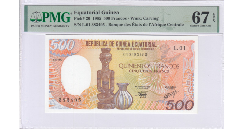 Equatorial Guinea 500 Francs 1.1.1985 P20 PMG67 EPQ Equatorial Guinea 500 Francs 1.1.1985 P20 PMG67 EPQ