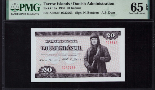 Faeroe Islands 20 Kronur 1986 P19a PMG65 EPQ