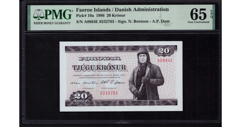Faeroe Islands 20 Kronur 1986 P19a PMG65 EPQ