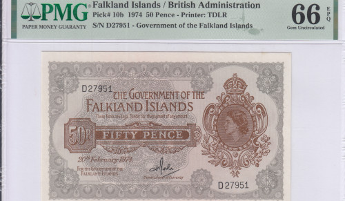 Falkland Island 50 Pence 20.2.1974 P10b PMG66 EPQ