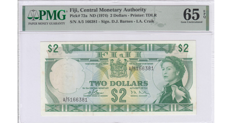Fiji 2 Dollars 1974 P72a PMG65 EPQ