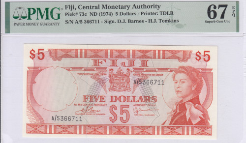 Fiji 5 Dollars 1974 P73c PMG67 EPQ