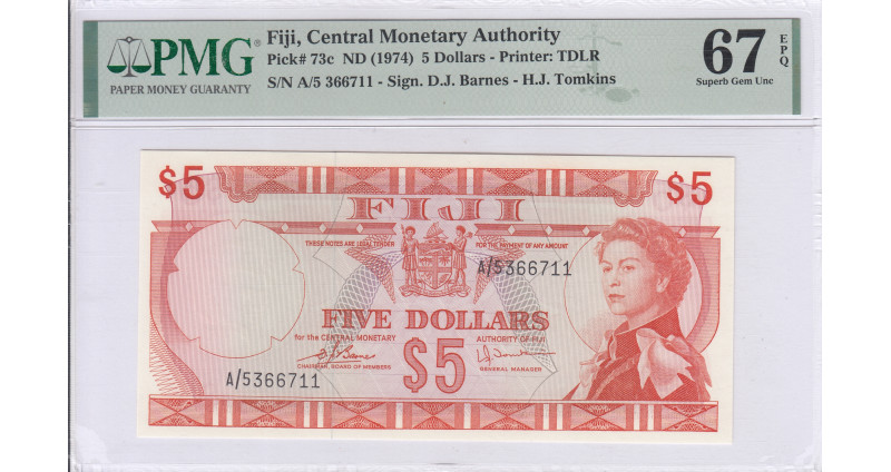 Fiji 5 Dollars 1974 P73c PMG67 EPQ