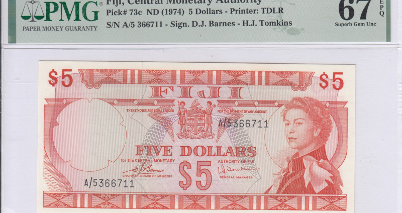 Fiji 5 Dollars 1974 P73c PMG67 EPQ Fiji 5 Dollars 1974 P73c PMG67 EPQ