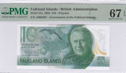 Falkland Island 10 Pounds 14.08.2025 P21a PMG67 EPQ