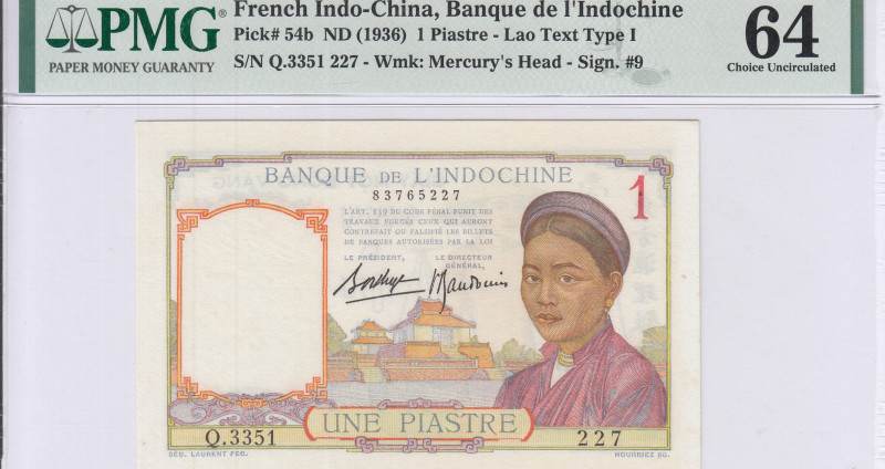 French Indo Chine 1 Piastre ND1936 P54b PMG64 French Indo Chine 1 Piastre ND1936 P54b PMG64