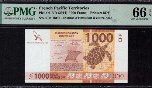 French Pacific Territories 1000 Francs 2014 P6 PMG66 EPQ French Pacific Territories 1000 Francs 2014 P6 PMG66 EPQ