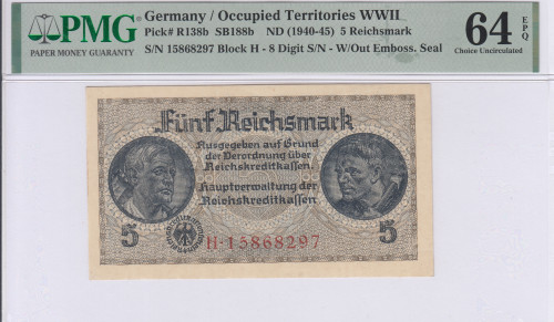 Germany, Occupied Territories WWII  5 Reichsmark  1940-45 PR138b PMG64 EPQ