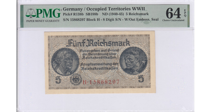 Germany, Occupied Territories WWII 5 Reichsmark 1940-45 PR138b PMG64 EPQ Germany, Occupied Territories WWII 5 Reichsmark 1940-45 PR138b PMG64 EPQ