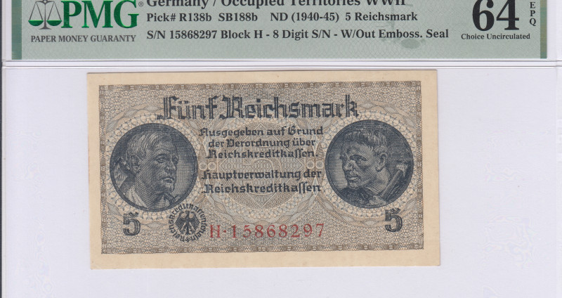 Germany, Occupied Territories WWII 5 Reichsmark 1940-45 PR138b PMG64 EPQ Germany, Occupied Territories WWII 5 Reichsmark 1940-45 PR138b PMG64 EPQ