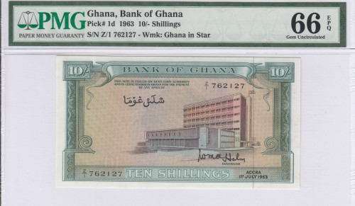 Ghana 10/- Shillings 1963 P1d PMG66 EPQ