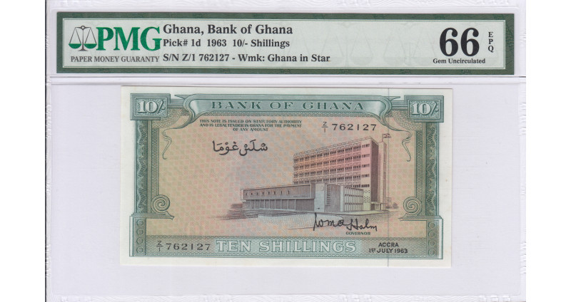 Ghana 10/- Shillings 1963 P1d PMG66 EPQ Ghana 10/- Shillings 1963 P1d PMG66 EPQ