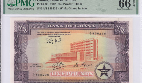 Ghana  5 Pounds 1962 P3d PMG66 EPQ