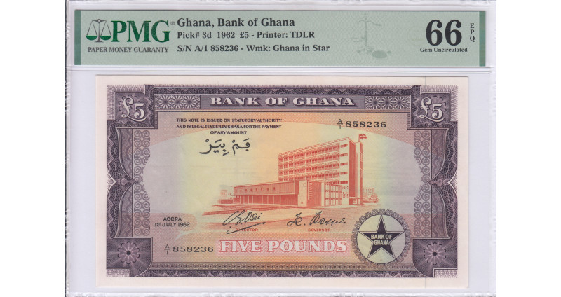 Ghana 5 Pounds 1962 P3d PMG66 EPQ Ghana 5 Pounds 1962 P3d PMG66 EPQ