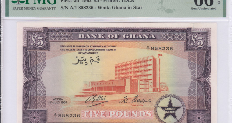 Ghana 5 Pounds 1962 P3d PMG66 EPQ Ghana 5 Pounds 1962 P3d PMG66 EPQ