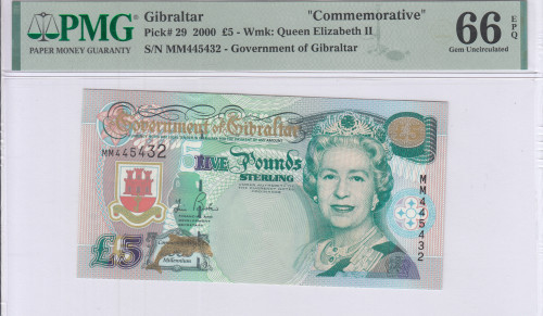 Gibraltar 5 Pounds 2000 P29 PMG66 EPQ
