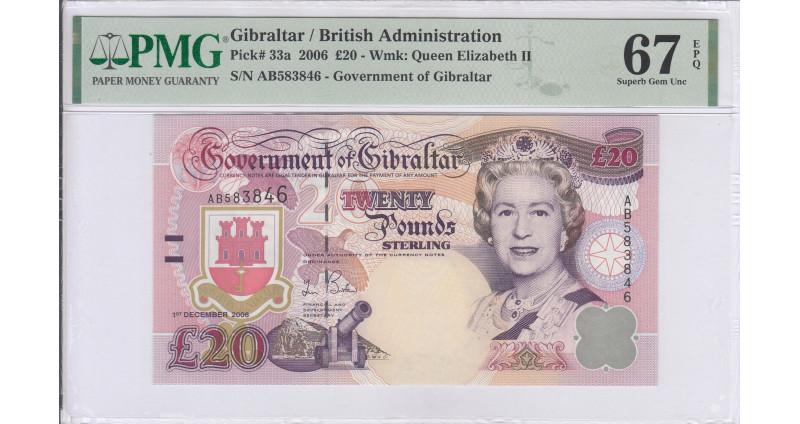 Gibraltar 20 Pounds 1.12.2006 P33a PMG67 EPQ