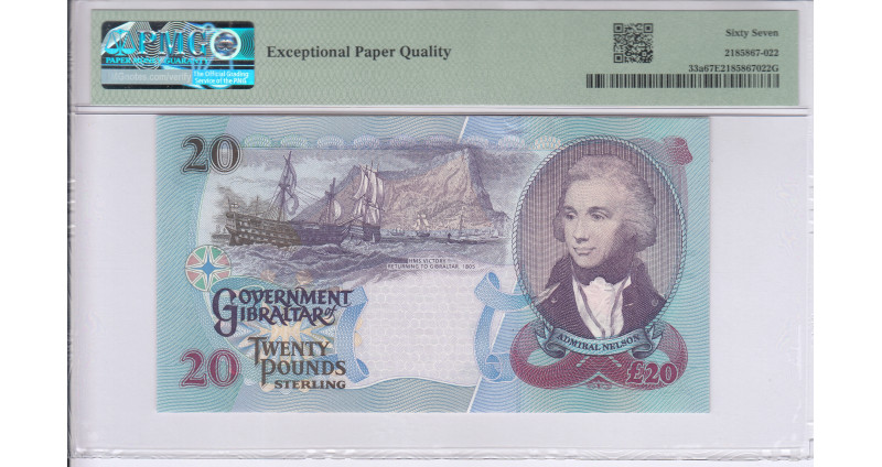 Gibraltar 20 Pounds 1.12.2006 P33a PMG67 EPQ Gibraltar 20 Pounds 1.12.2006 P33a PMG67 EPQ