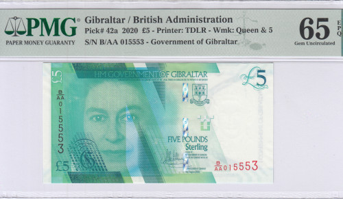 Gibraltar 5 Pounds 2020 P42a PMG65 EPQ