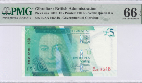 Gibraltar 5 Pounds 2020 P42a PMG66 EPQ