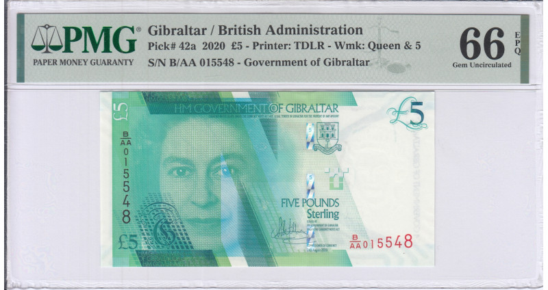Gibraltar 5 Pounds 2020 P42a PMG66 EPQ
