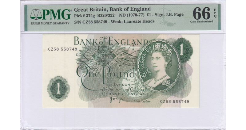 Great Britain 1 Pound ND(1966-70) P374g PMG66 EPQ Great Britain 1 Pound ND(1966-70) P374g PMG66 EPQ